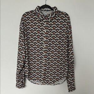 KOANDAILY Vintage-Inspired Fan Floral Button-Up Blouse Gold Print Size M